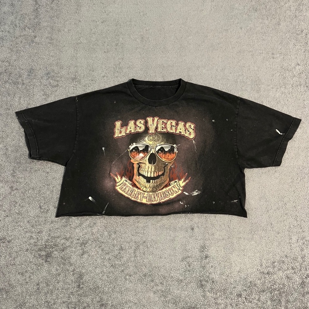 Vintage Harley-Davidson Las Vegas Skull Paint Splatter Cropped Shirt Black XL